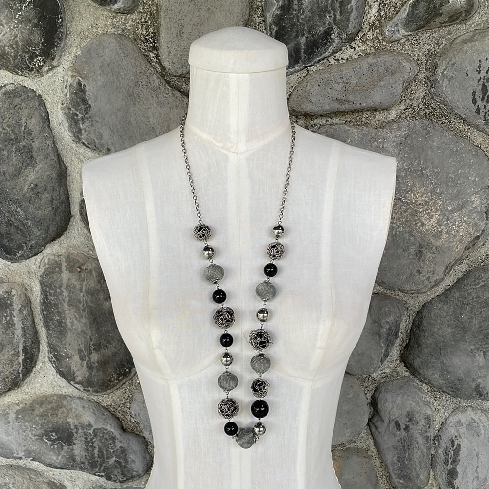 Long Drop Abstract Bead Black and Silver Necklace